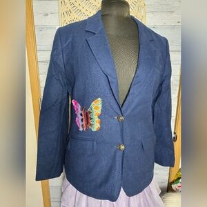 Vtg 80's Pendleton Wool Navy Blazer Jacket with Multicolor Butterfly Accent